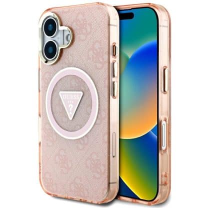 Guess IML Metal Glitter 4G Circle Triangle MagSafe - θήκη για Apple iPhone 16 - Ροζ