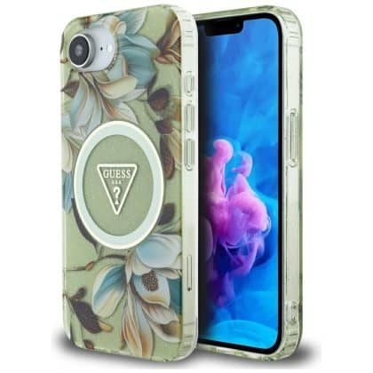 Guess IML Metal Glitter Flowers Triangle MagSafe - θήκη για Apple iPhone 16e - Πράσινο