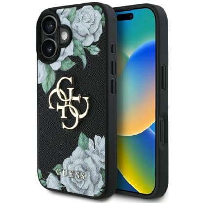 Case Guess Grained Roses Big 4G logo for  iPhone 16 black