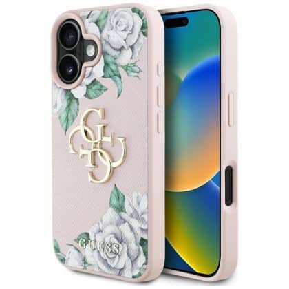 Case Guess Grained Roses Big 4G logo for  iPhone 16 pink
