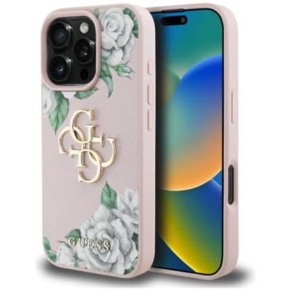 Case Guess Grained Roses Big 4G logo for  iPhone 16 Pro pink