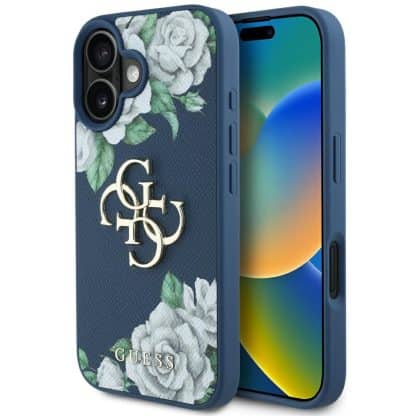 Case Guess Grained Roses Big 4G logo for  iPhone 16 blue