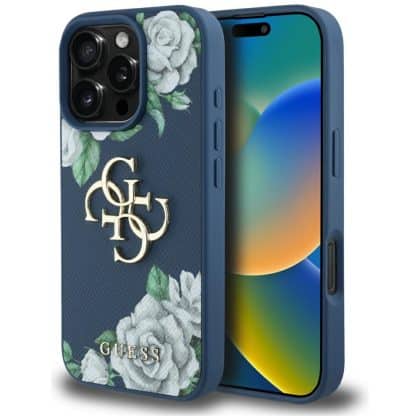 Case Guess Grained Roses Big 4G logo for  iPhone 16 Pro blue