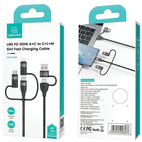 USAMS Καλώδιο U85 2xUSB-C/USB/Micro-USB/Lightning 6w1 2m 100W PD Fast Charge μωβ SJ646USB02 (US-SJ646) - Image 7