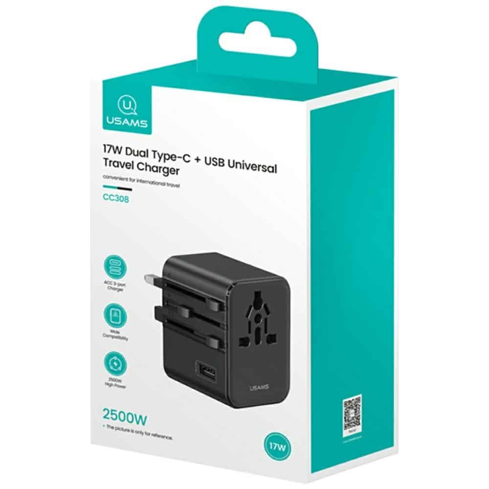 Travel Charger Adapter USAMS CC308 2xUSB-C 17W 4in1 US/AU/EU/UK μαύρο - Image 10