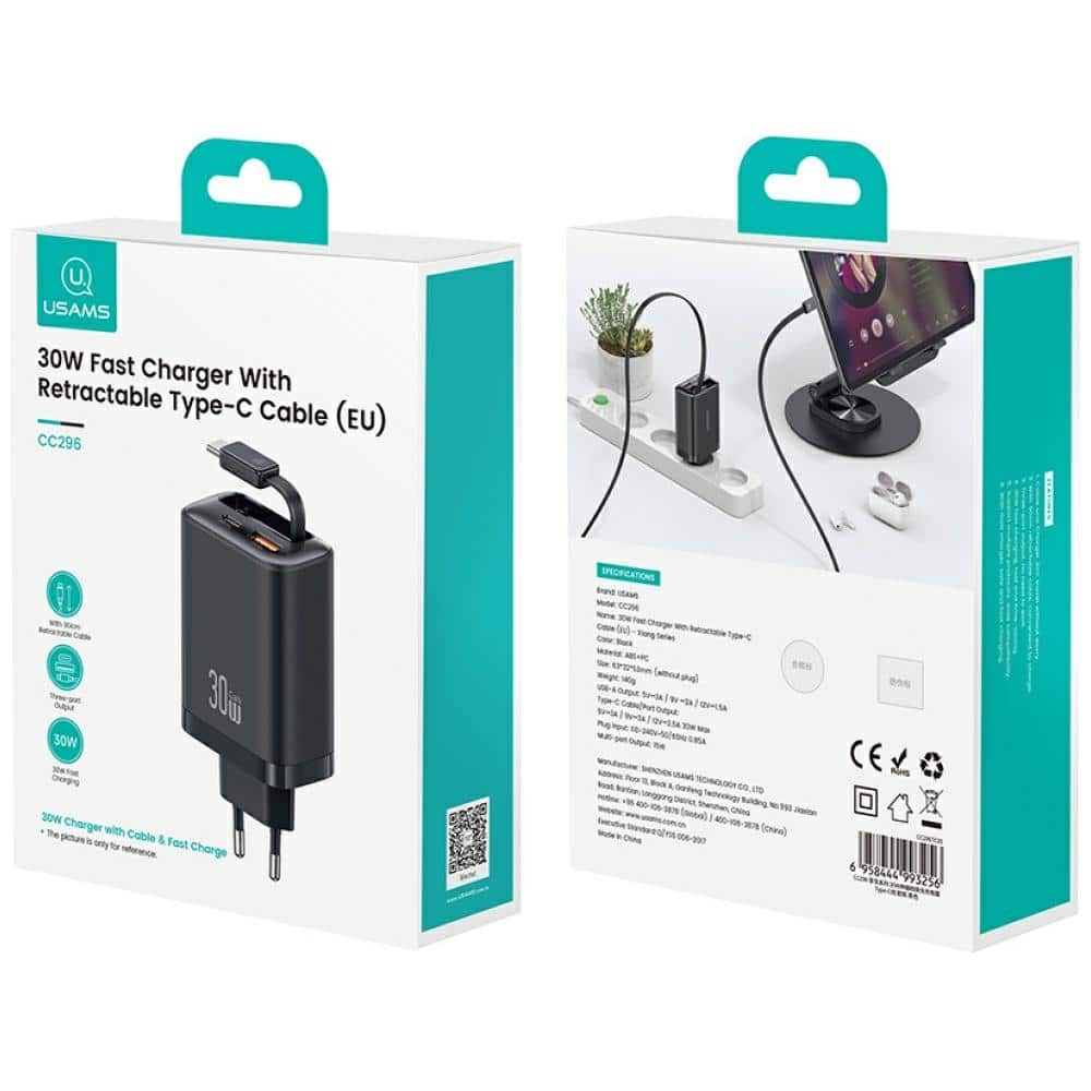Φορτιστής τοίχου USAMS Xiang Series CC296 30W 1xUSB-C 1xUSB-A + καλώδιο USB-C μαύρο - Image 13