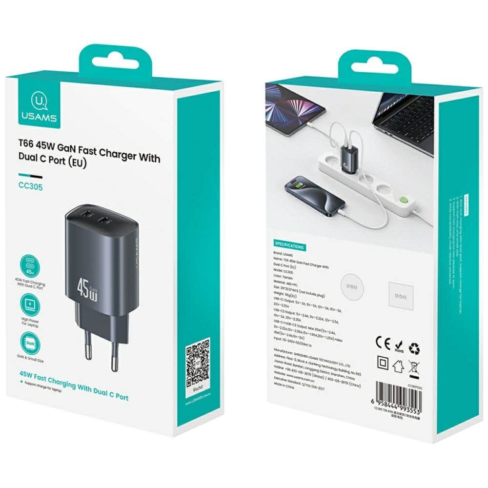 Φορτιστής τοίχου USAMS CC305 T66 45W GaN 2xUSB-C αμαύρωση - Image 10