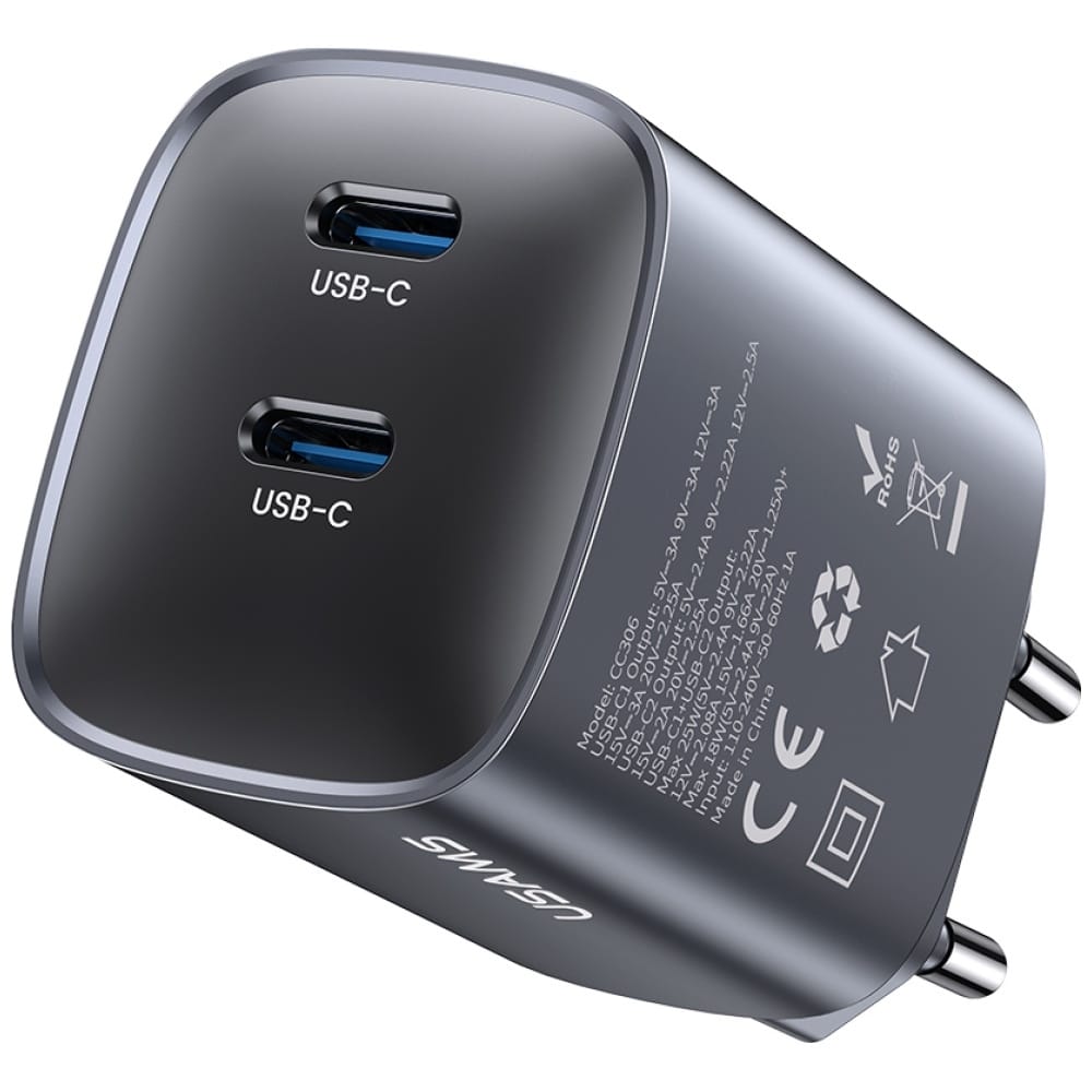 Φορτιστής τοίχου USAMS CC305 T66 45W GaN 2xUSB-C αμαύρωση - Image 2