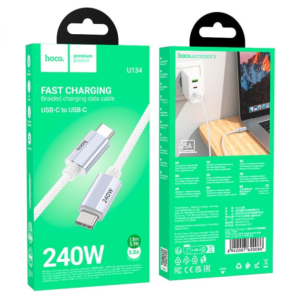 Καλώδιο USB-C σε USB-C Hoco U134, 240W, 1,8m, Γκρι - Image 2