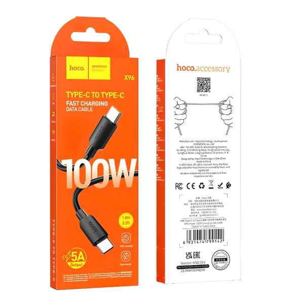 Καλώδιο USB-C σε USB-C Hoco X96, 100W, 5A, 1m, Μαύρο - Image 3