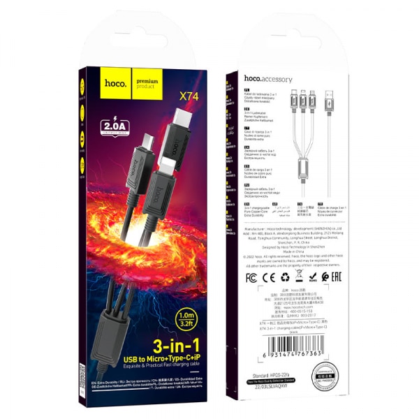 Καλώδιο φόρτισης USB-A σε Lightning / microUSB / USB-C Hoco X74 3 σε 1, 18W, 2.4A, 1m, Μαύρο - Image 4