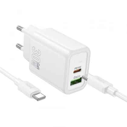 Φορτιστής τοίχου Hoco N63, 30W, 3A, 1 x USB-A - 1 x USB-C, με καλώδιο USB-C, Λευκό