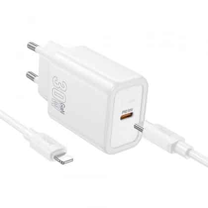 Φορτιστής τοίχου Hoco N62, 30W, 3A, 1 x USB-C, με καλώδιο Lightning, λευκό