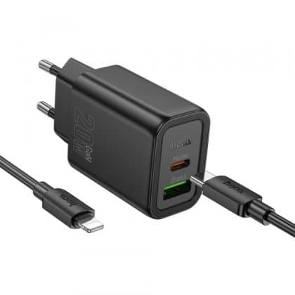 Φορτιστής τοίχου Hoco N61, 20W, 3A, 1 x USB-A - 1 x USB-C, με καλώδιο USB-C, Μαύρο