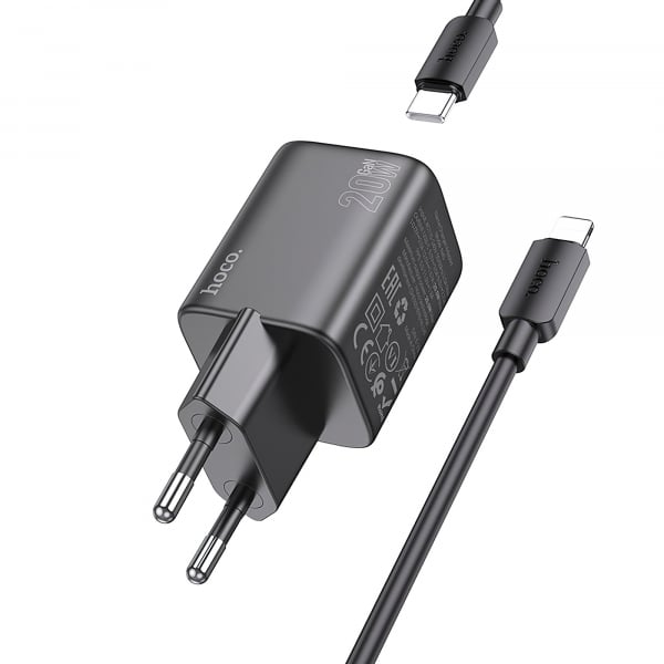 Φορτιστής τοίχου Hoco N40, 20W, 3A, 1 x USB-C, με καλώδιο Lightning, μαύρο - Image 2