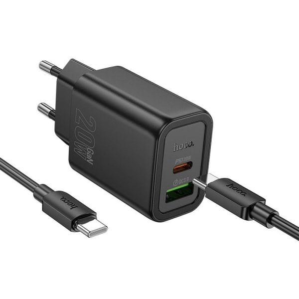 Φορτιστής τοίχου Hoco N61, 20W, 3A, 1 x USB-A - 1 x USB-C, με καλώδιο Lightning, Μαύρο - Image 2