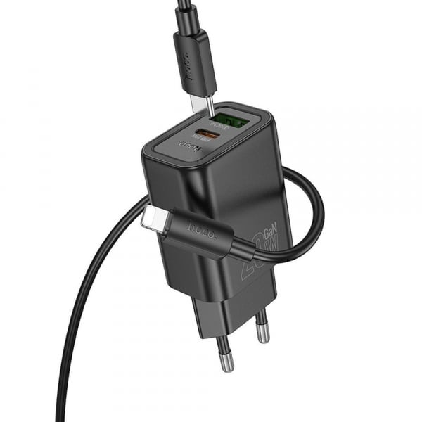 Φορτιστής τοίχου Hoco N61, 20W, 3A, 1 x USB-A - 1 x USB-C, με καλώδιο USB-C, Μαύρο - Image 2