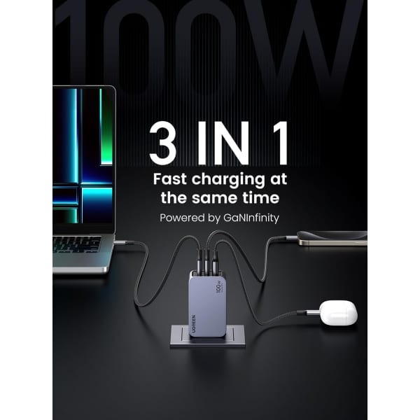 Φορτιστής τοίχου UGREEN X757 Nexode Pro, 100W, 3A, 1 x USB-A - 2 x USB-C, με καλώδιο USB-C, Γκρι - Image 3