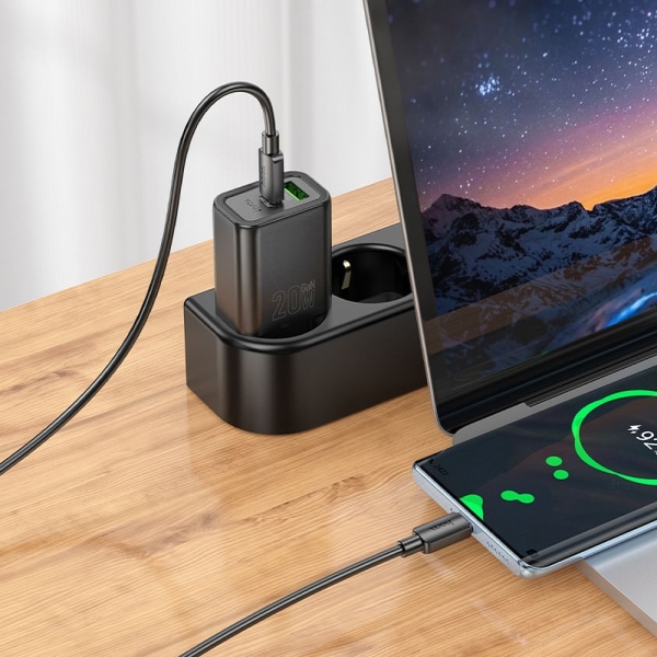 Φορτιστής τοίχου Hoco N61, 20W, 3A, 1 x USB-A - 1 x USB-C, με καλώδιο Lightning, Μαύρο - Image 3