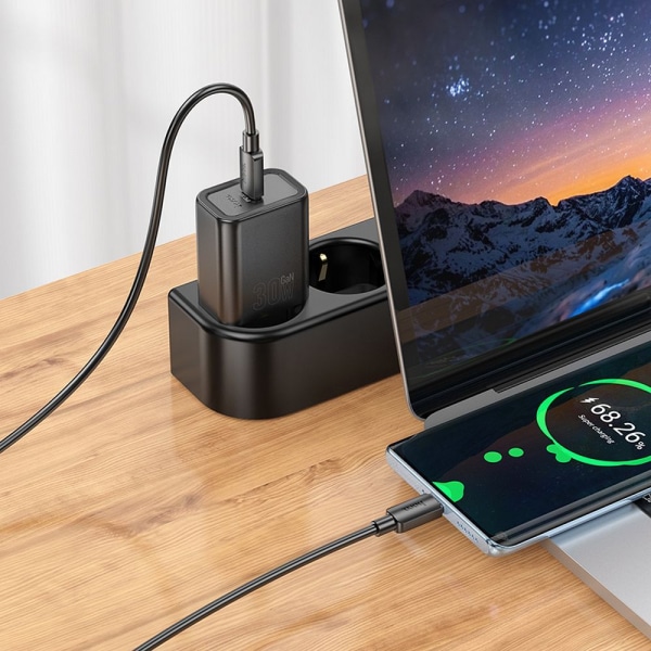 Φορτιστής τοίχου Hoco N62, 30W, 3A, 1 x USB-C, με καλώδιο USB-C, Μαύρο - Image 3