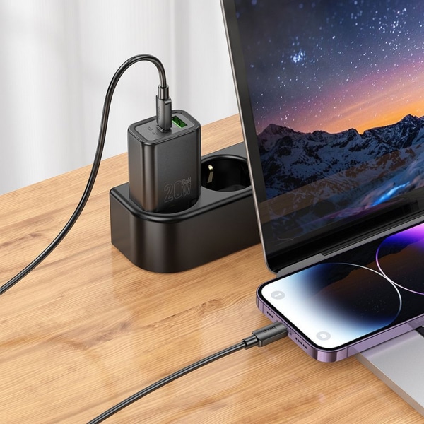 Φορτιστής τοίχου Hoco N61, 20W, 3A, 1 x USB-A - 1 x USB-C, με καλώδιο USB-C, Μαύρο - Image 3