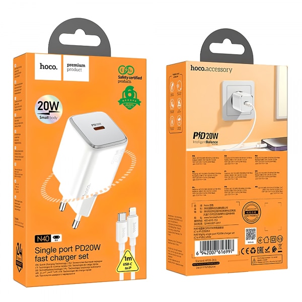 Φορτιστής τοίχου Hoco N40, 20W, 3A, 1 x USB-C, με καλώδιο Lightning, λευκό - Image 4