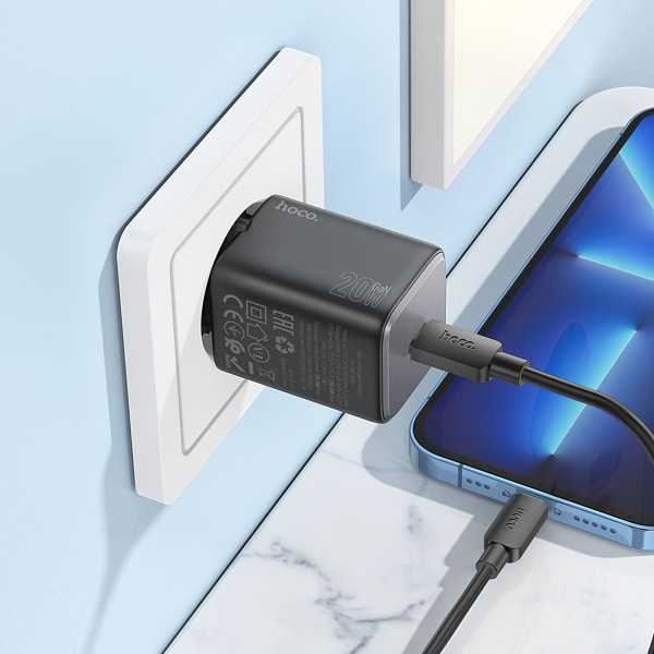 Φορτιστής τοίχου Hoco N40, 20W, 3A, 1 x USB-C, με καλώδιο Lightning, μαύρο - Image 4