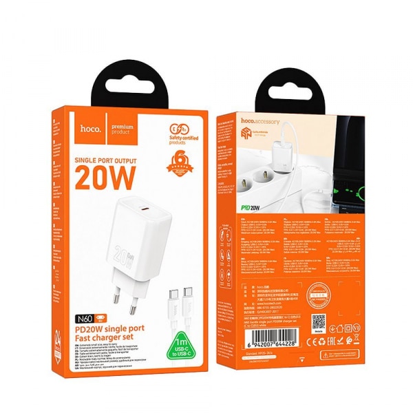 Φορτιστής τοίχου Hoco N60, 20W, 3A, 1 x USB-C, με καλώδιο USB-C, Λευκό - Image 4