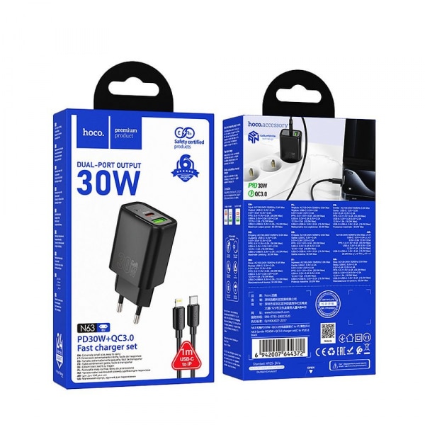 Φορτιστής τοίχου Hoco N63, 30W, 3A, 1 x USB-A - 1 x USB-C, με καλώδιο Lightning, Μαύρο - Image 4