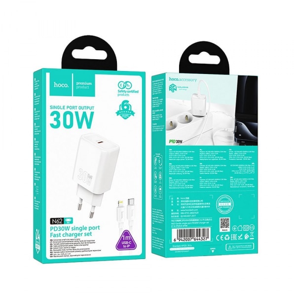 Φορτιστής τοίχου Hoco N62, 30W, 3A, 1 x USB-C, με καλώδιο Lightning, λευκό - Image 4