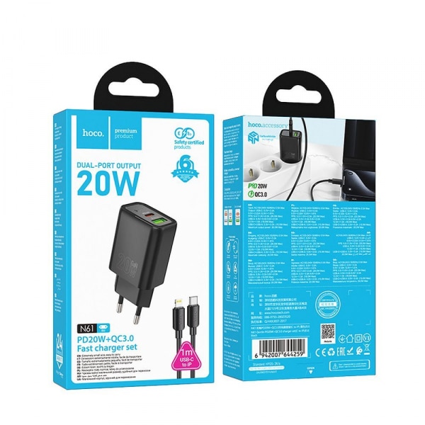 Φορτιστής τοίχου Hoco N61, 20W, 3A, 1 x USB-A - 1 x USB-C, με καλώδιο USB-C, Μαύρο - Image 4