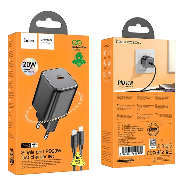Φορτιστής τοίχου Hoco N40, 20W, 3A, 1 x USB-C, με καλώδιο Lightning, μαύρο - Image 5