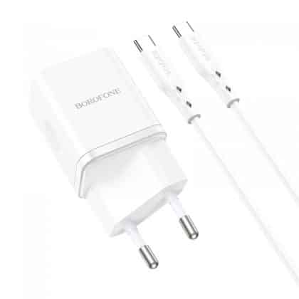 Φορτιστής τοίχου Borofone BN7, 20W, 3A, 1 x USB-A - 1 x USB-C, με καλώδιο USB-C, Λευκό