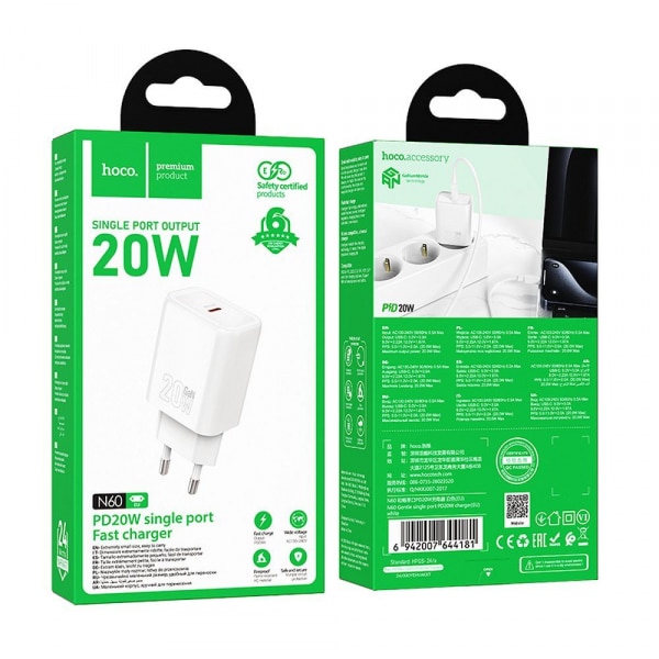 Φορτιστής τοίχου Hoco N60, 20W, 3A, 1 x USB-C, Λευκό - Image 4
