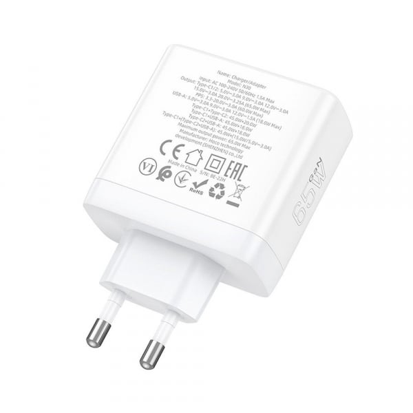 Φορτιστής τοίχου Hoco N30, 65W, 3.25A, 1 x USB-A - 2 x USB-C, Λευκό - Image 6