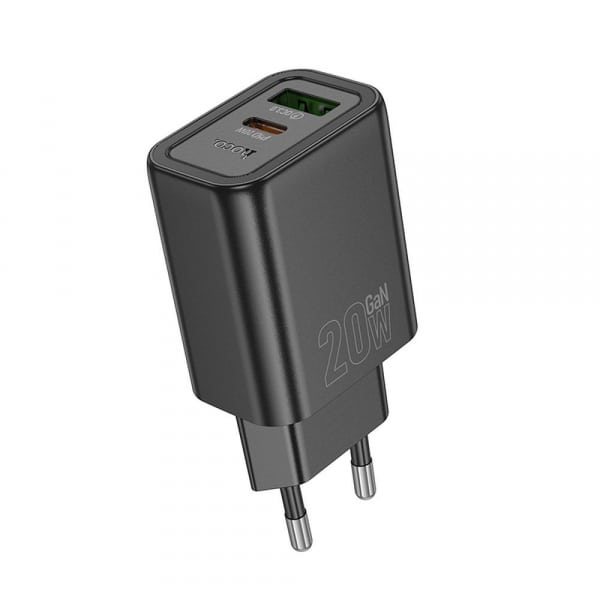 Φορτιστής τοίχου Hoco N61, 20W, 3A, 1 x USB-A - 1 x USB-C, Μαύρο - Image 2
