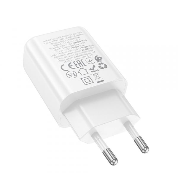 Φορτιστής τοίχου Hoco N61, 20W, 3A, 1 x USB-A - 1 x USB-C, Λευκό - Image 3