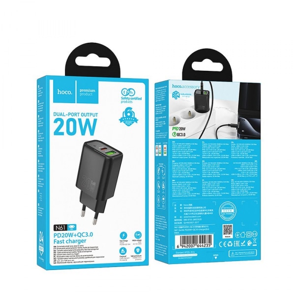 Φορτιστής τοίχου Hoco N61, 20W, 3A, 1 x USB-A - 1 x USB-C, Μαύρο - Image 3