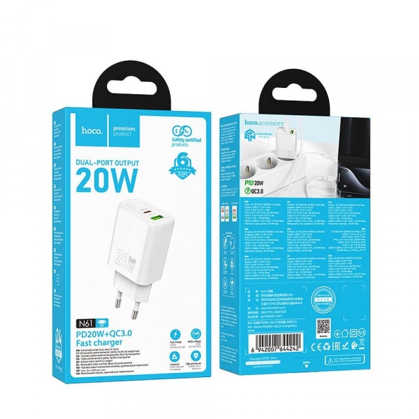 Φορτιστής τοίχου Hoco N61, 20W, 3A, 1 x USB-A - 1 x USB-C, Λευκό - Image 4