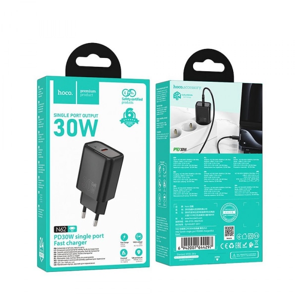 Φορτιστής τοίχου Hoco N62, 30W, 3A, 1 x USB-C, Μαύρο - Image 3