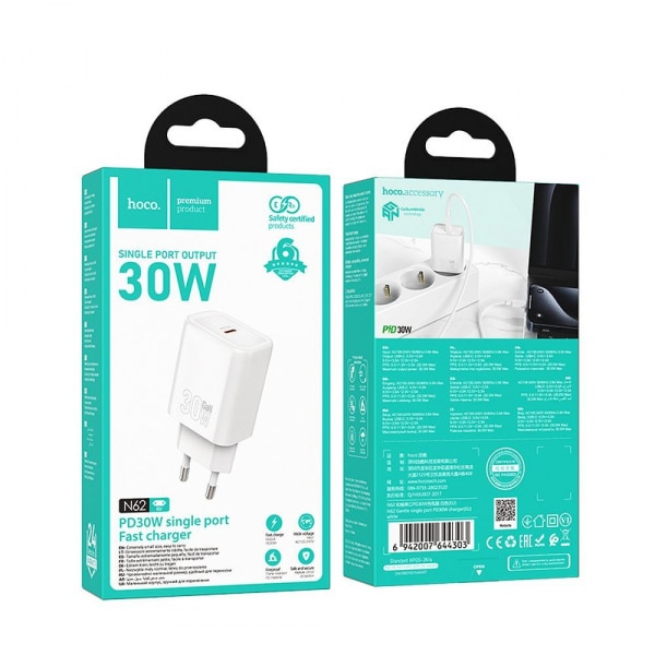 Φορτιστής τοίχου Hoco N62, 30W, 3A, 1 x USB-C, Λευκό - Image 4
