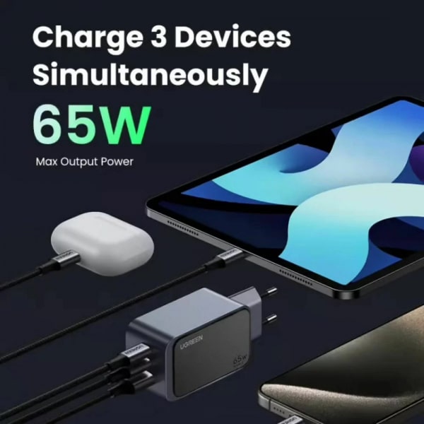 Φορτιστής τοίχου UGREEN X553 Nexode Pro, 65W, 3A, 1 x USB-A - 2 x USB-C, Γκρι - Image 2