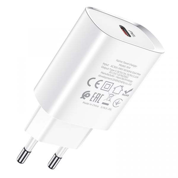Φορτιστής τοίχου Hoco N14, 20W, 3A, 1 x USB-C, Λευκό - Image 4