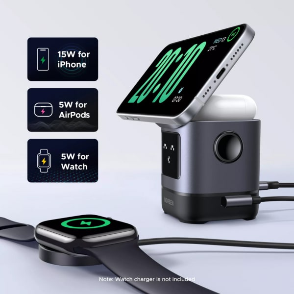 Ασύρματος φορτιστής UGREEN W709 Uno 2 σε 1, 15W, 1.67A, Μαύρο - Image 3