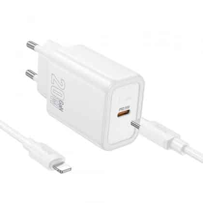 Φορτιστής τοίχου Hoco N60, 20W, 3A, 1 x USB-C, με καλώδιο Lightning, λευκό