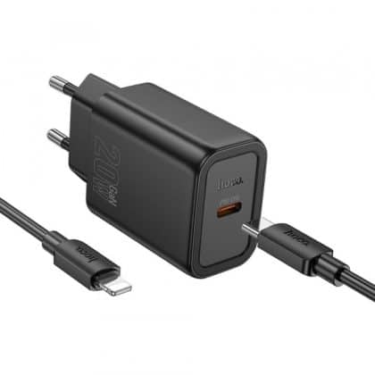 Φορτιστής τοίχου Hoco N60, 20W, 3A, 1 x USB-C, με καλώδιο Lightning, Μαύρο