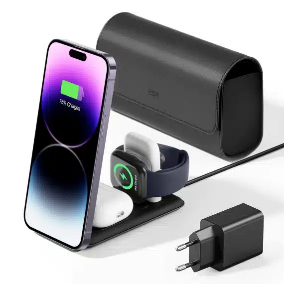 ESR - Σετ ασύρματης φόρτισης ταξιδιού Premium 3 σε 1 (2C569) - με αξεσουάρ τσάντας, για iPhone, Apple Watch MFi, AirPods, Qi2 15W - Μαύρο
