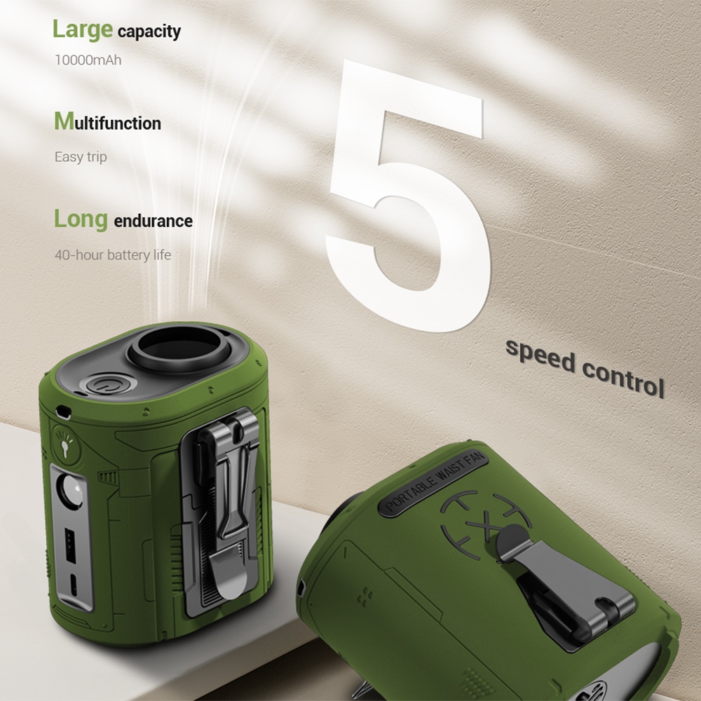 Techsuit - Φορητός μίνι ανεμιστήρας Premium (Z14) - με Power Bank, Επαναφορτιζόμενος, 5 ταχύτητες ανέμου, Αγκράφα ζώνης, 5000mAh - Πράσινο - Image 5