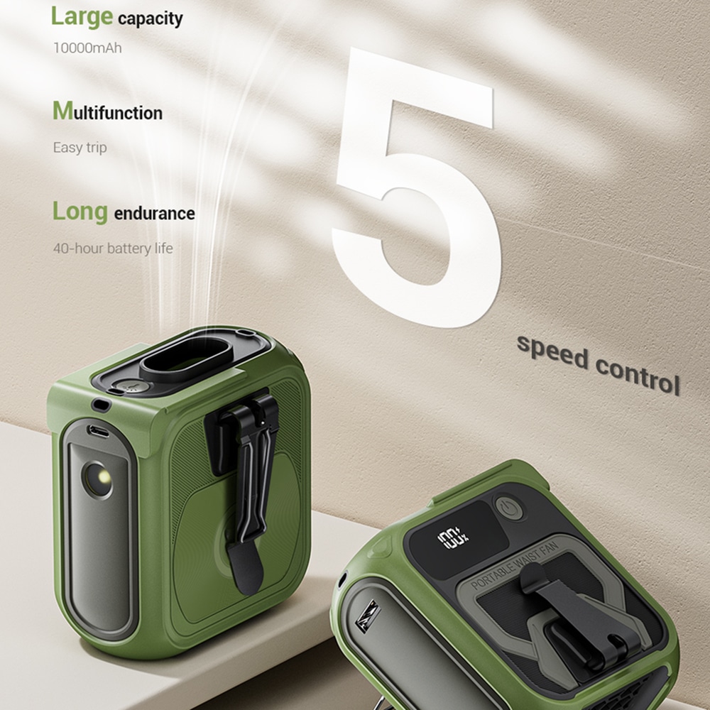 Techsuit - Φορητός μίνι ανεμιστήρας Premium (Z13) - με Power Bank, Επαναφορτιζόμενος, 5 ταχύτητες ανέμου, Αγκράφα ζώνης, 10000mAh - Γκρι - Image 3