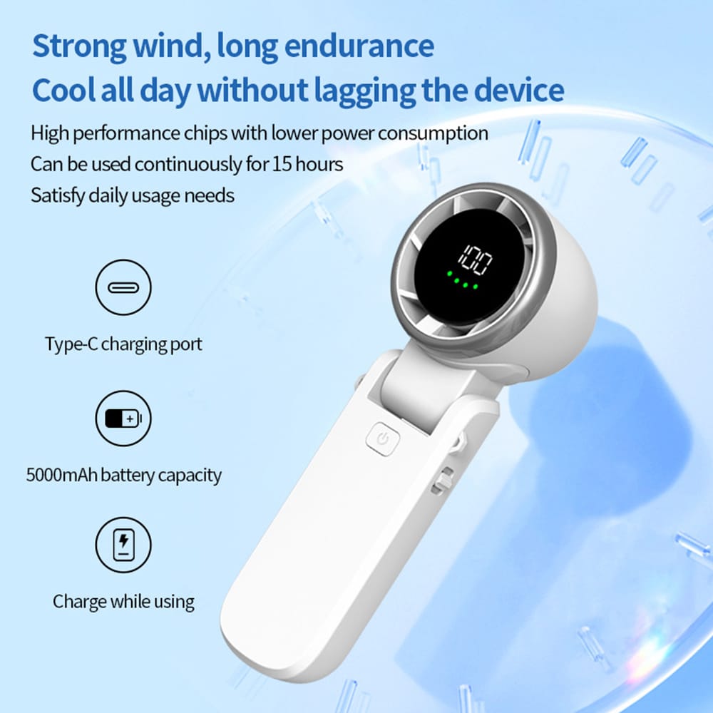 Techsuit - Ανεμιστήρας χειρός Premium Mini (A9) - με ψηφιακή οθόνη LED, επαναφορτιζόμενη θύρα USB-C, 5 ταχύτητες ανέμου, 5000mAh - Ροζ - Image 3